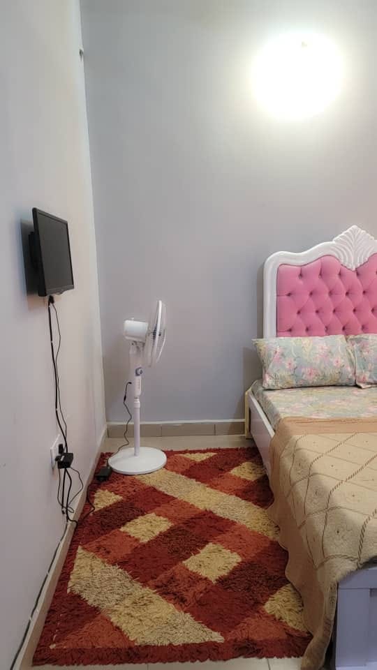 Guest room with television, standing fan, and furnished bed
